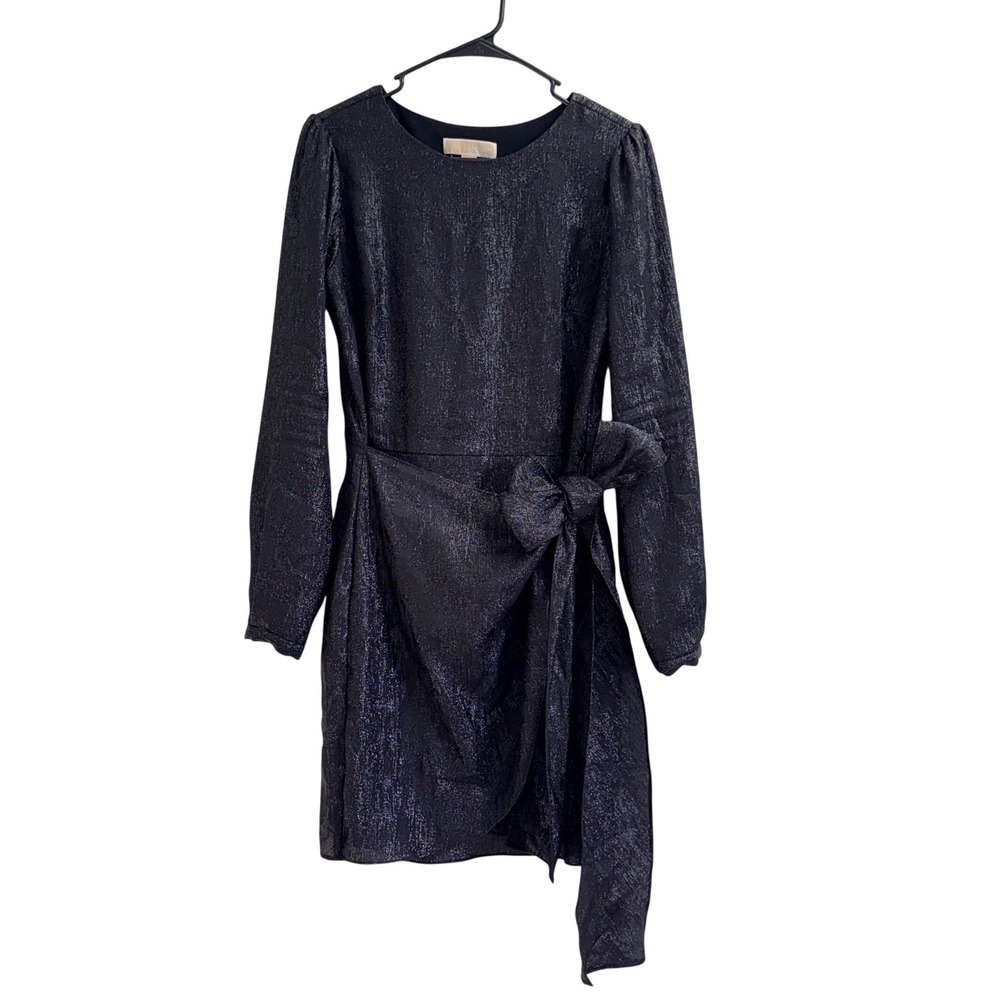 Michael Kors Black Metallic Long Sleeve Wrap Mini Dress with Side Bow Size 4